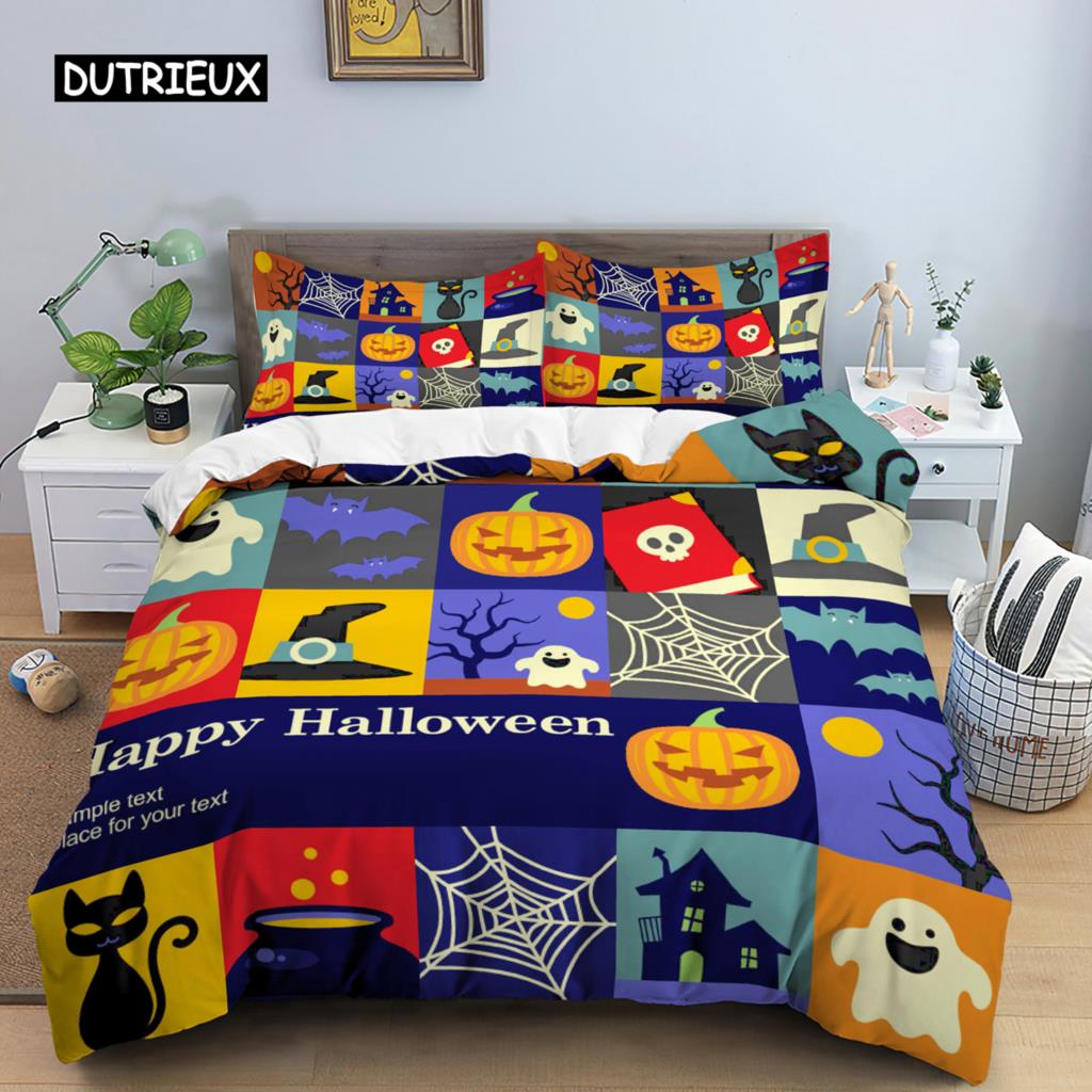 Happy Halloween King Queen Пододеяльник Оранжевый Тыквенный комплект постельного белья для детей Подростков Взрослых Летучие мыши Фестиваль ужасов Полиэстеровый пододеяльник