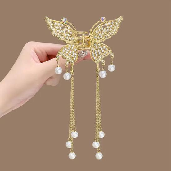 Hair Claw Long Fringe Faux Pearls Butterflies Decor Hair Clips Women Girls Hairstyles Home Outdoor Playing Hair Decoration