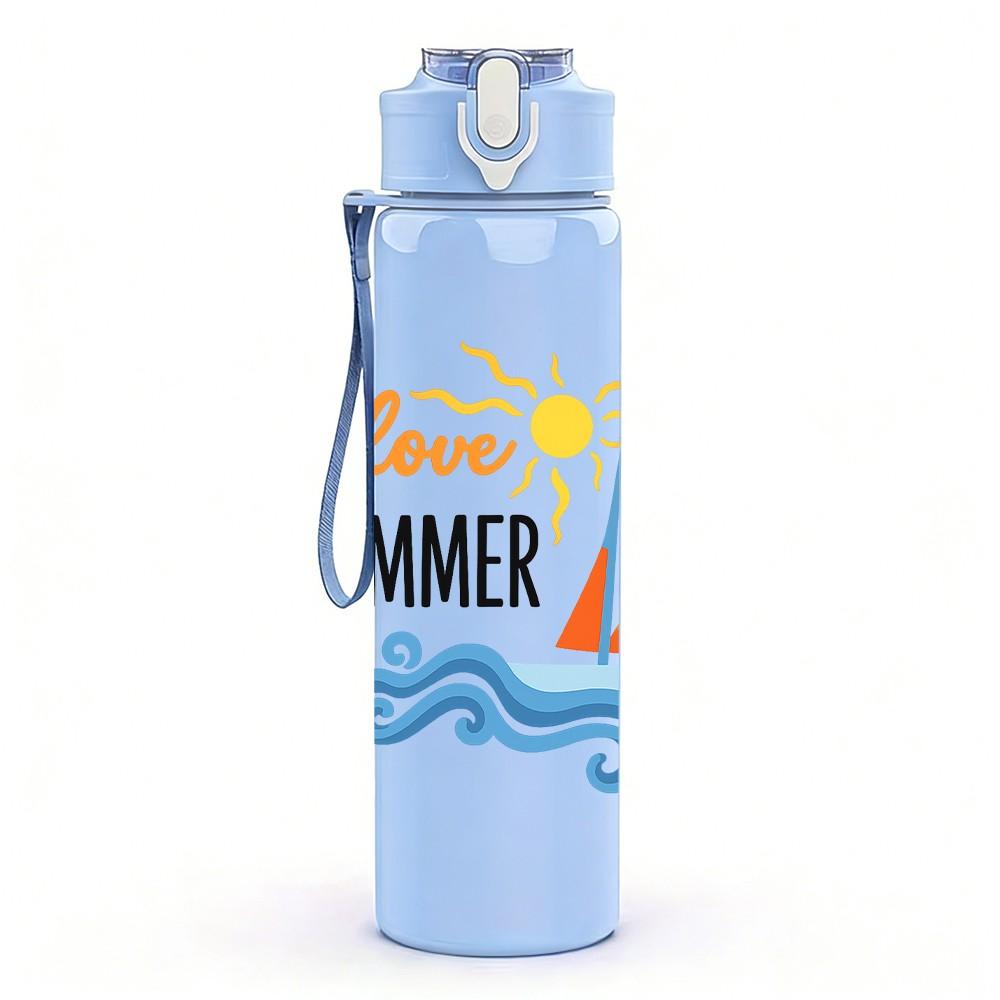 1PC I Love Summer Ocean Pattern 750ml Color Plastic Sports Water Bottle Leakproof Flip Straw Lid Suitable for Sports Office Home Use