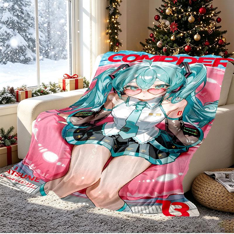 Hatsune Miku Pattern Blanket for Home Decoration, Bed, Sofa, Car Travel, Camping, Suitable for All Seasons, Birthday Christmas Gift
