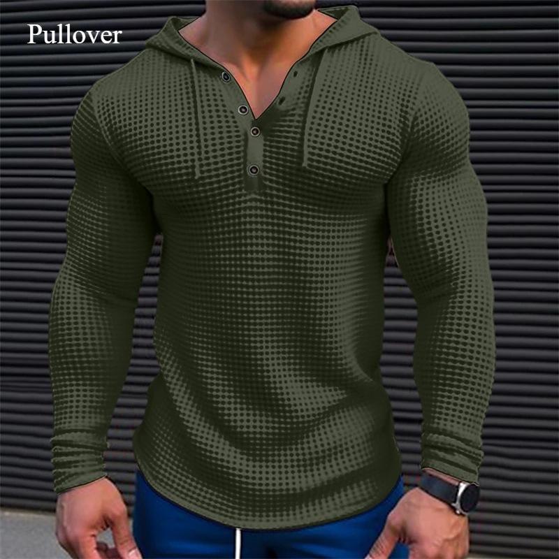 Новая мужская футболка с длинными рукавами и вафельными пуговицами, толстовка с капюшоном, праздничный повседневный модный дизайн, зимний однотонный свободный топ