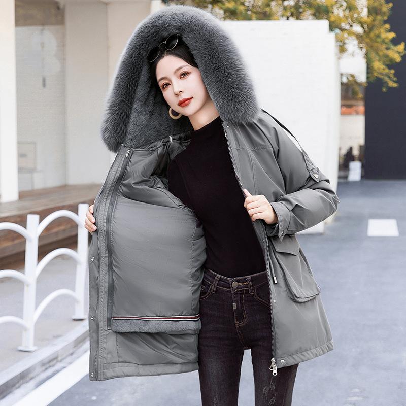 Pie Overcomes Women's Year Winter New Fashion Casual Women's Clothing Fleece Thickened Medium and Long Hooded Padded Jacket