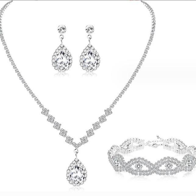 Bridesmaid Wedding Jewelry Set Rhinestone Drop Wave Necklace Earrings Bracelet