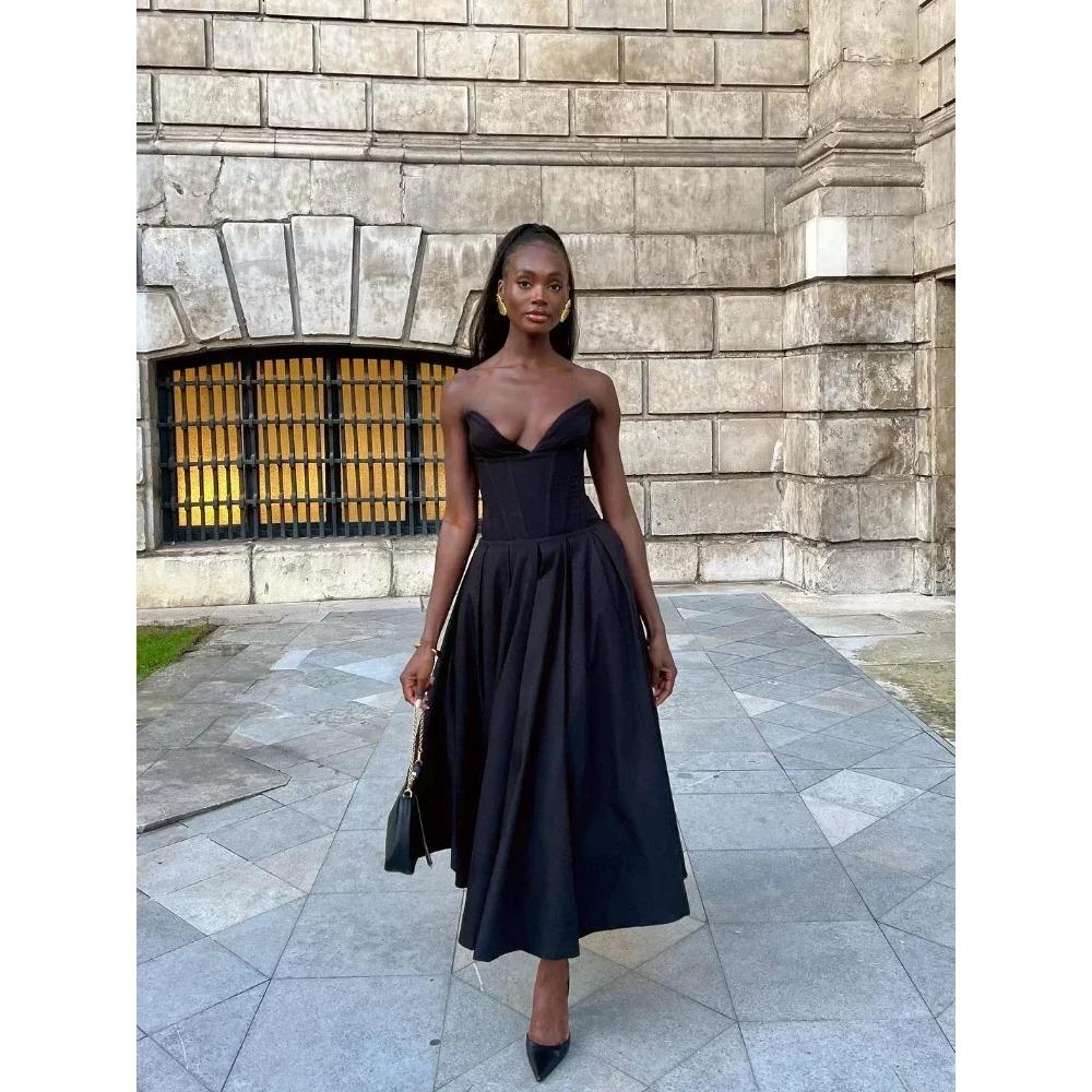 Черное элегантное свадебное платье для мероприятий, сексуальное платье-корсет без бретелек, миди, рождественские вечерние платья для женщин, одежда