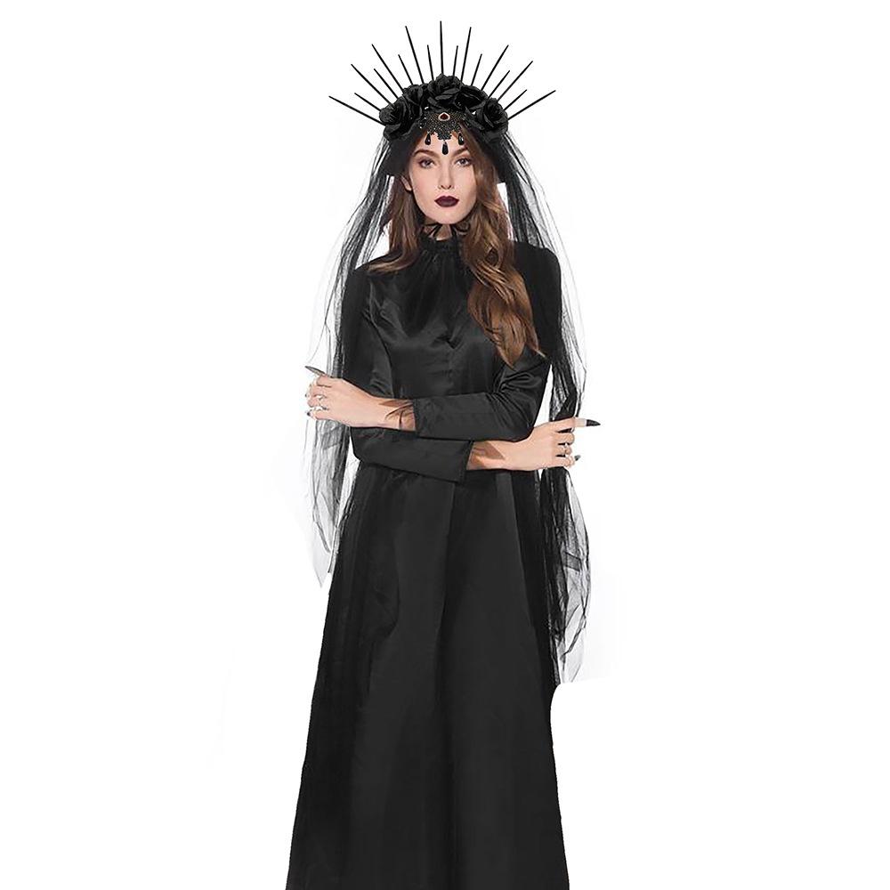 Halloween Wedding Dress Veil Headband Goth Crown Mesh Black Rose Retro