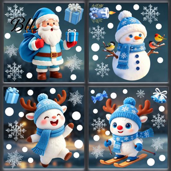 Holiday Glass Decals Christmas Static Sticker, Santa Claus Snowman Reindeer Window Snowflake Pattern Sticker Cling, Reusable Waterproof Decorative