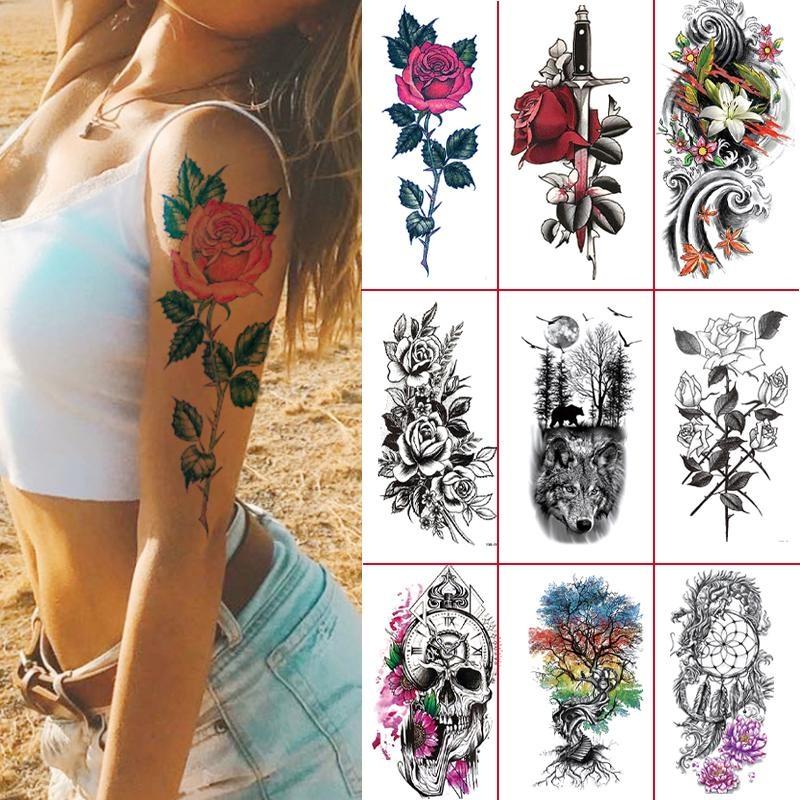 Hot Sale 1PC Waterproof Temporary Tattoo Sticker Rose Flower Tattoo Skull Flower Body Art Arm False Sleeve Tattoo Women