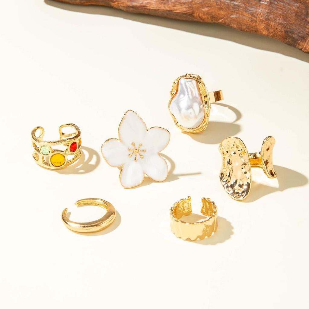 Vintage Elegant Baroque Pearl Combination Ring Set, Six Piece Metal Lava Flower Ring Set, Women's Jewelry