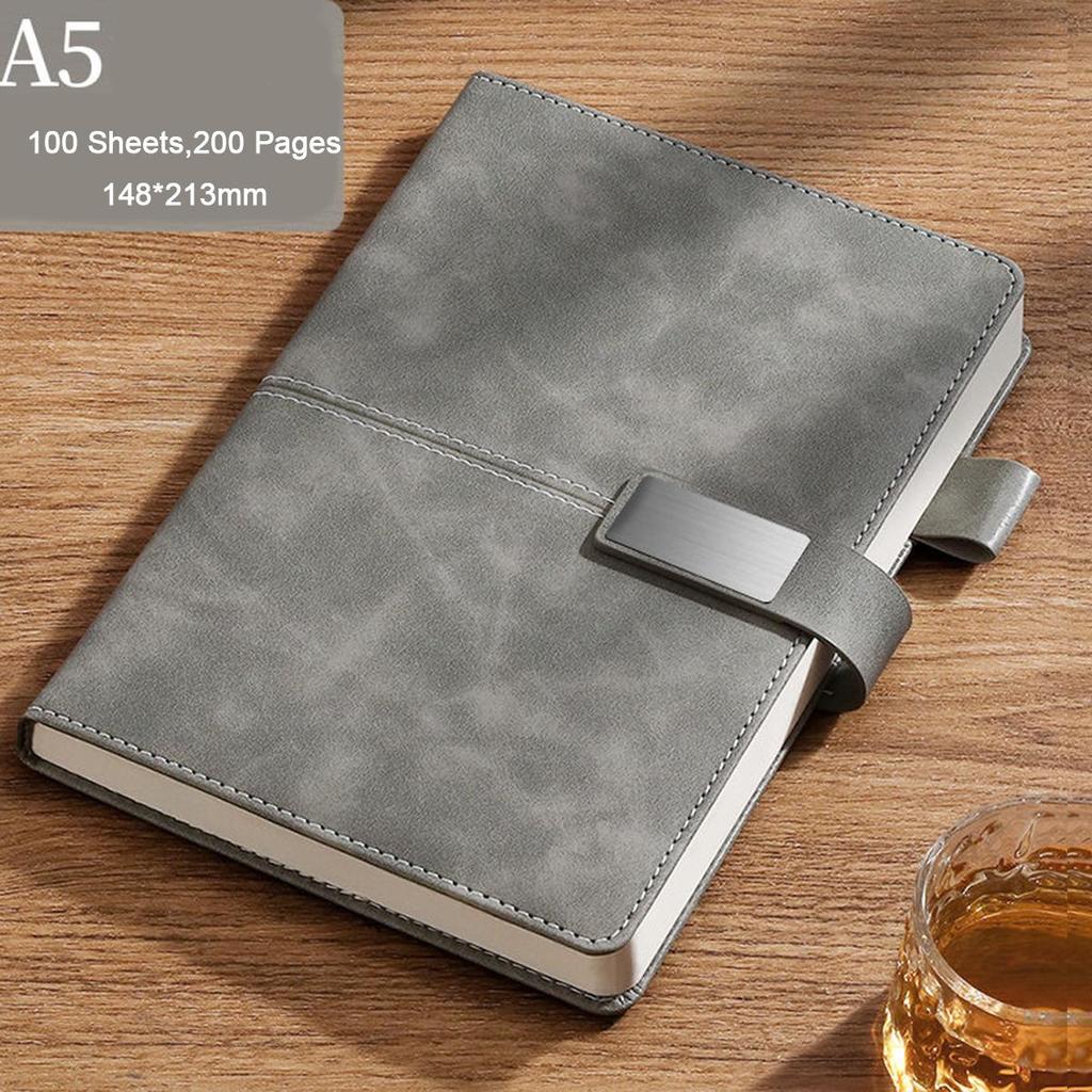 A5 Thickened Business Leather Buckle Notepad, Student Study Notebook, Work Meeting Record Book, Diary, 100 Sheets 200 Pages