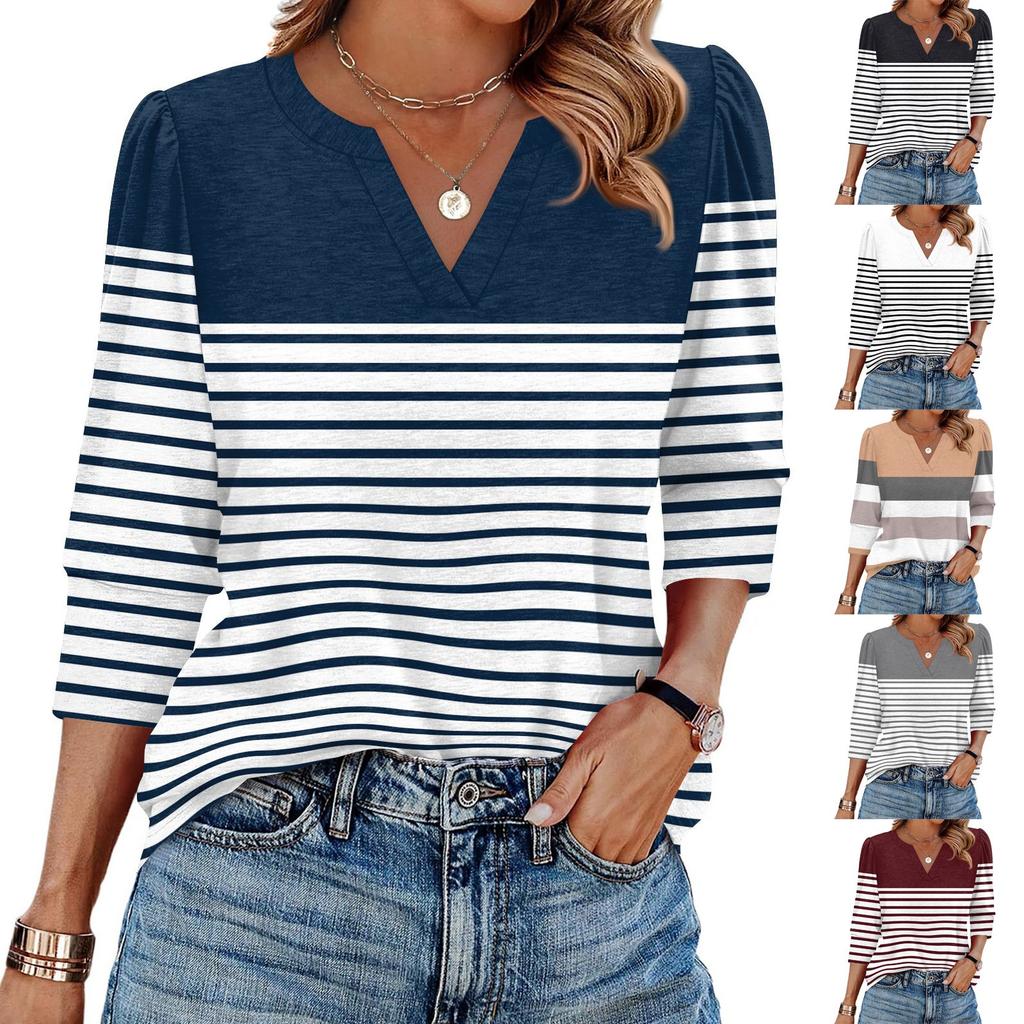 Women's Fashion Casual 3/4 Sleeve Print Shirt Women's V-Neck Tops