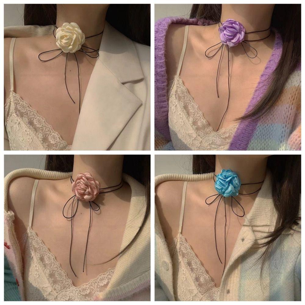 Cloth Big Flower Choker Lace-up Rope Knot Clavicle Chain Exquisite Flower Necklace  Women