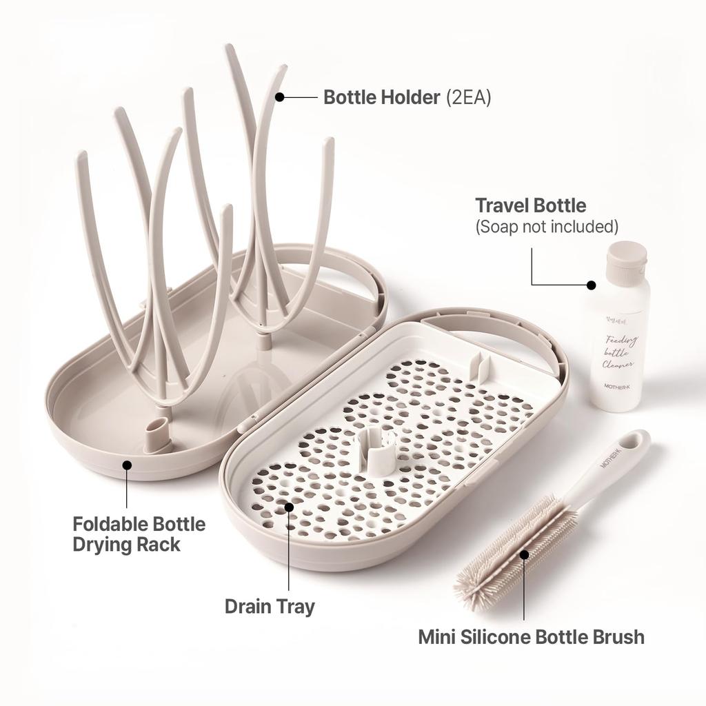 [Authentic] MOTHER-K Portable Water-Repellent Baby Bottle Case, Drying Rack, and Bottle Stand Set (Includes Drainer, Mini Bottle, and Brush) Cream