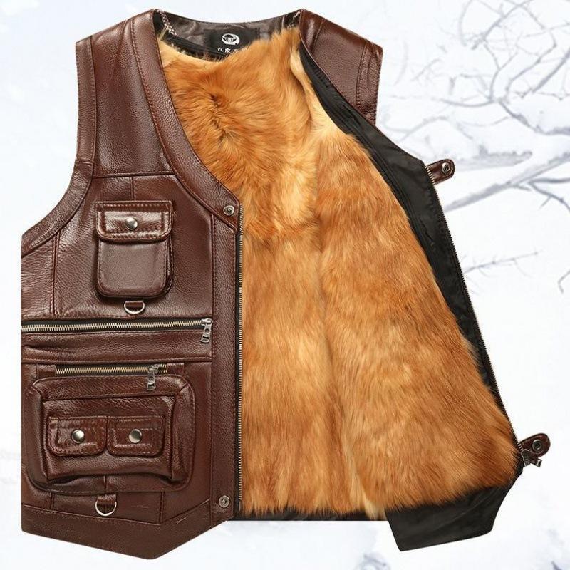 Genuine Leather Cowhide Vest for Middle-aged and Elderly Men Autumn and Winter Fur Integrated Wool Vest Thickened Cotton Camisole for The Elderly