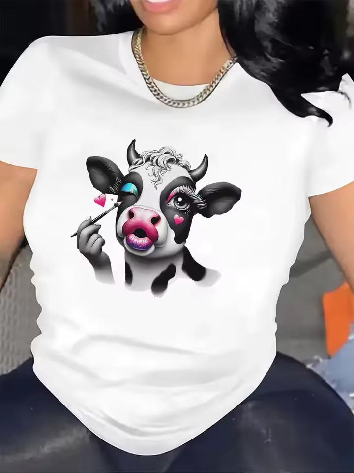 Cute Cow Design Women T shirt Casual Short Sleeve Tops Daily Wear Stylish Lightweight Soft Comfortable Summer Tops for Ladies