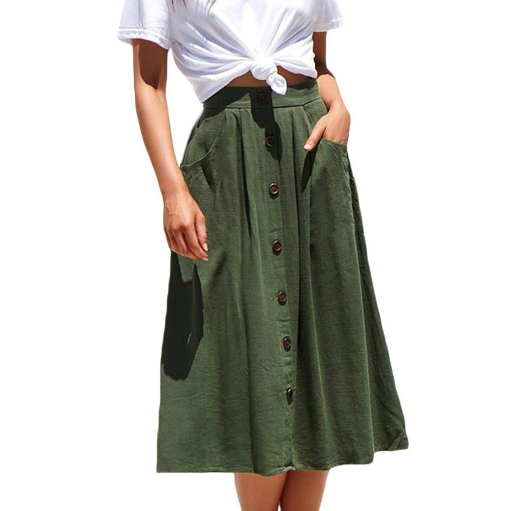 Women's Casual Loose Casual Pocket A-line High Waisted Mid Length Skirt With Pocket