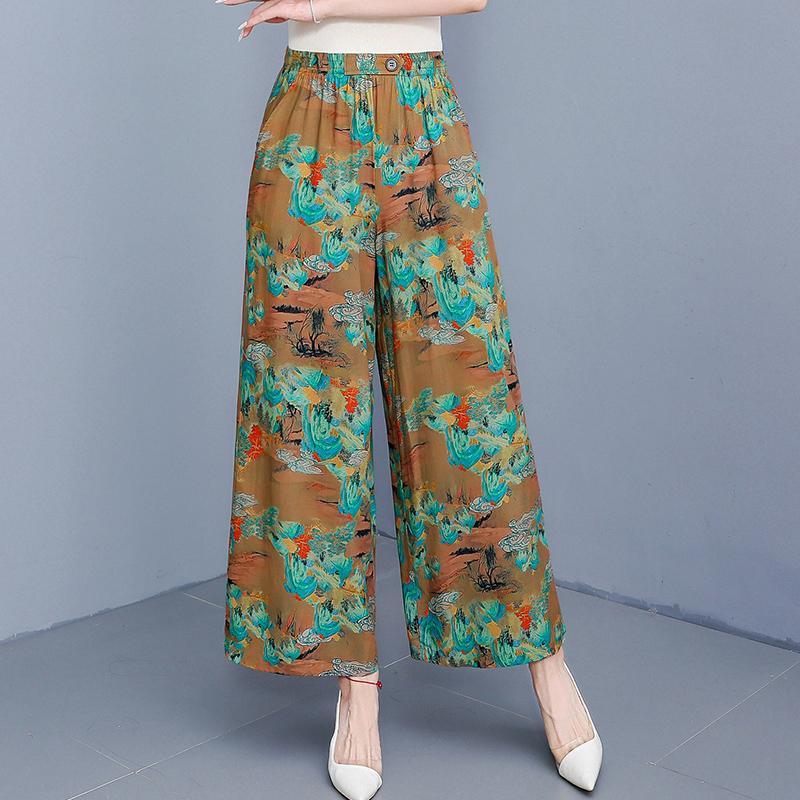 Элегантные летние брюки с высокой талией для женщин, повседневные широкие брюки с эластичной талией, винтажная одежда больших размеров
