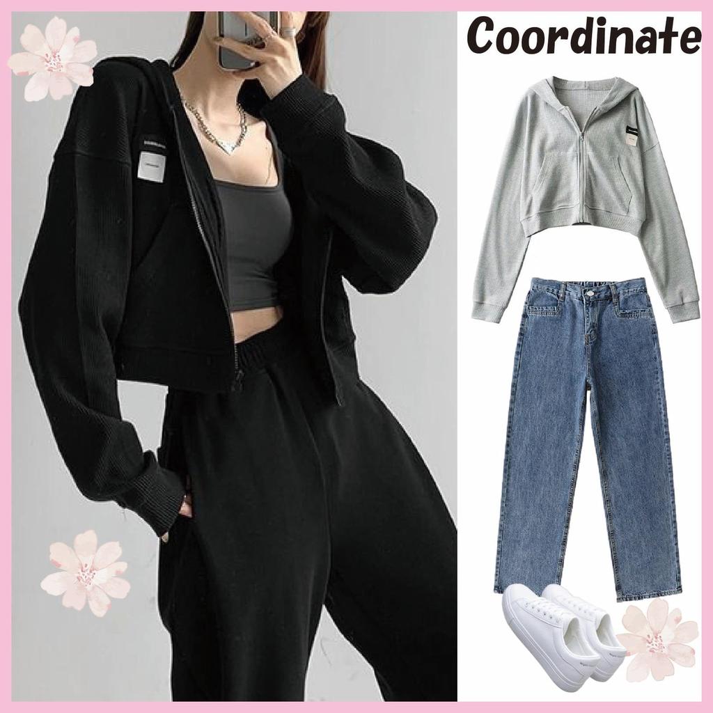 Де Укороченное [Maison TAO] Худи, На молнии, Длина, Укороченное, С капюшоном, Вафельное, Повседневное, Корейское, Однотонное, Спортивное, Женское (Синий, Л)