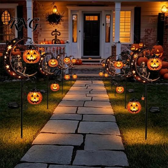 Spooky Halloween Outdoor Displays Solar White Ghost Pumpkin Moon Garden Stake Light, Waterproof LED Decorative Stakes for Flower Beds Yard Decoration,