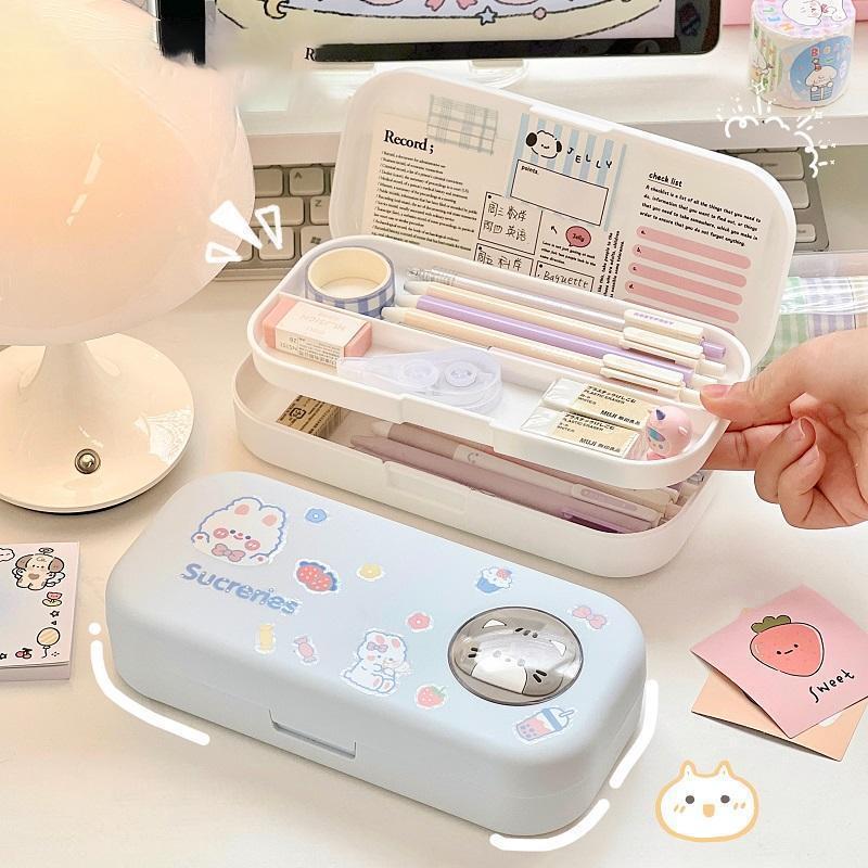 Kawaii Morandi Simple Pencil Case Student Большая вместимость Двухслойный пенал Мультяшный канцелярский органайзер Школьные принадлежности