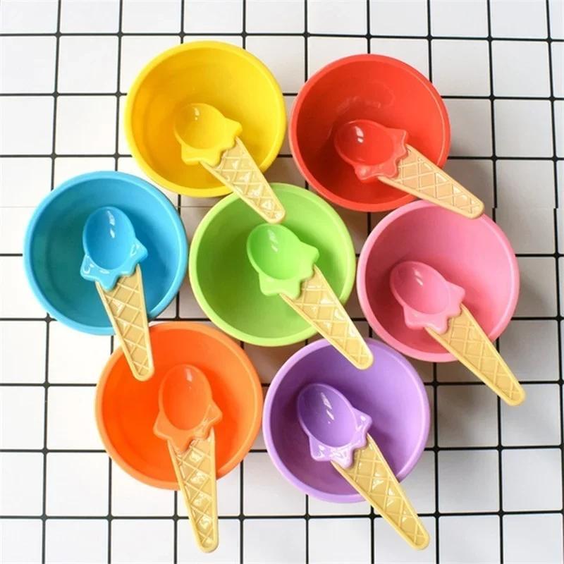 Ice Cream Bowl Set Double Layer Plastic Cup Creative Mixing Bowl Ice Cream Cone Shape DIY Ice Cream Tools Icecream Bowl Spoon