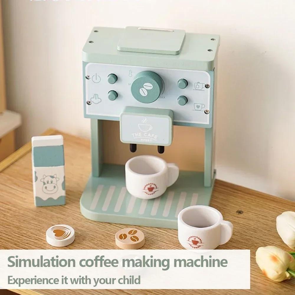 Kids Kitchen Toy Set Wooden Coffee Maker Set Simulation Cookie Maker Kit Pretend Play Educational Toys Gifts for Girls Boys