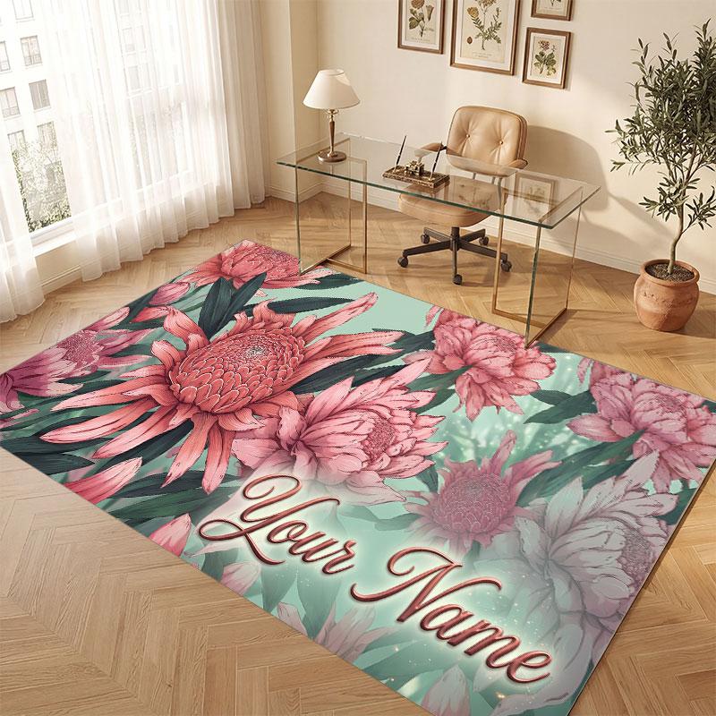 Floral Garden Theme Crystal Velvet Floor Rug Personalized Custom Name Text Warm Carpet Home Decoration