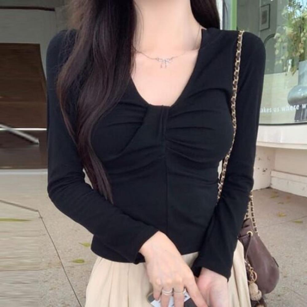 NaVaVa Women LoVely Shirring Slim V Neck Long sleeVe T shirT nT2922