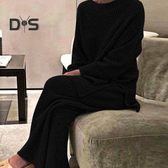 Женский комплект из 2 шт./компл., свитер, брюки, вязаный эластичный круглый вырез, свободный, с широкими штанинами, с эластичной резинкой на талии, толстый, мягкий, теплый, домашняя одежда, одежда для сна, женская зимняя осень