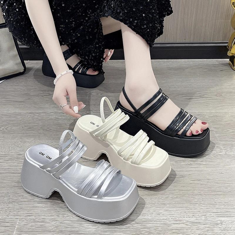 Fashion Silver Wedge Sandals Women Platform Shoes Black Belt High Heels Gladiator Chunky Heeled Sandals Summer Wedges Zapatos De Mujer