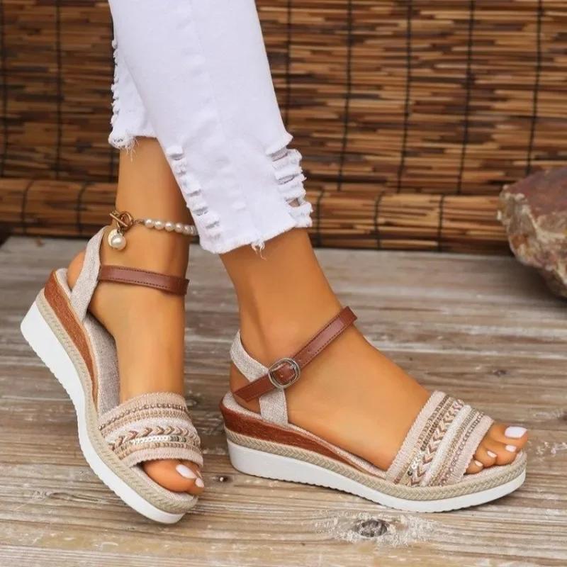 Women's Wedge Platform Sandals Summer Pu Leather Ankle Strap Gladiator Sandals Women Non-Slip Thick Bottom Sandalias De Mujer