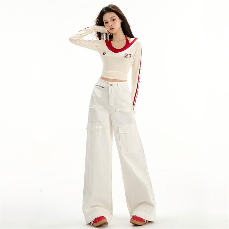 American white utility wide-leg jeans for women, 1116 spring/summer new multi-pocket loose slimming versatile jeans