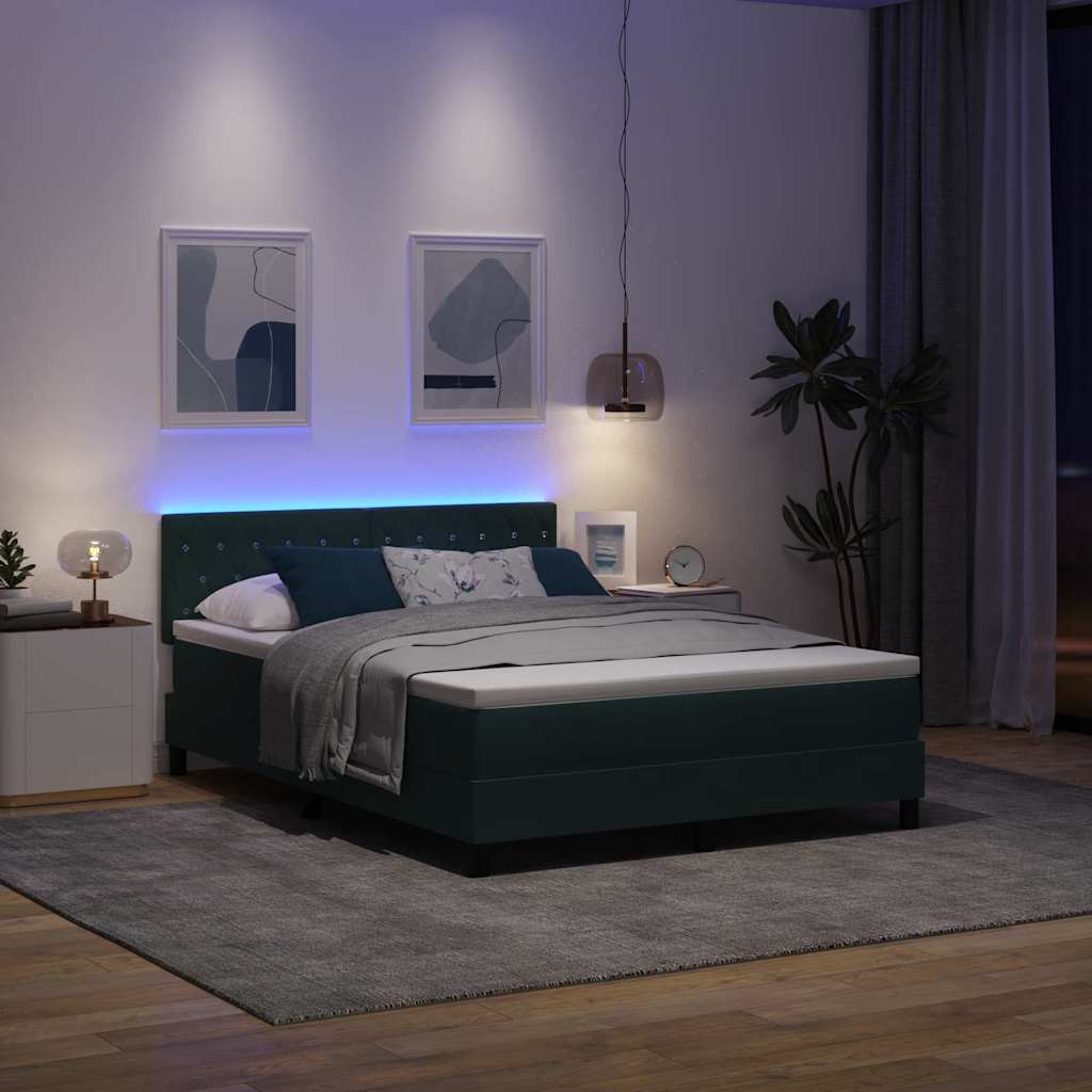 LED Box Spring Bed with Mattress Dark Green 160 x 200 cm Velvet