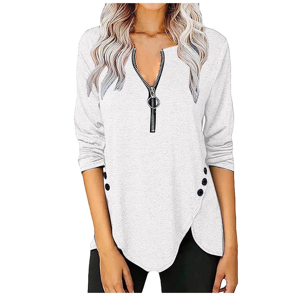 Женская повседневная осенняя футболка с длинными рукавами на молнии и пуговицах