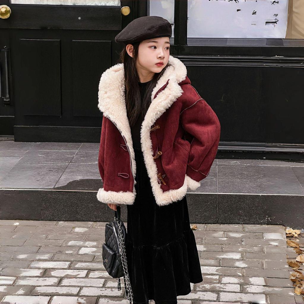 Детское пальто из искусственной овчины с капюшоном в корейском стиле - Зимнее теплое цельное пальто на пуговицах-дафлкотах для мальчиков и девочек