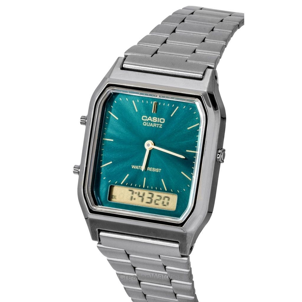 Casio Винтажные аналогово-цифровые часы из нержавеющей стали с зеленым циферблатом, кварцевые, AQ-230EGG-3A, унисекс