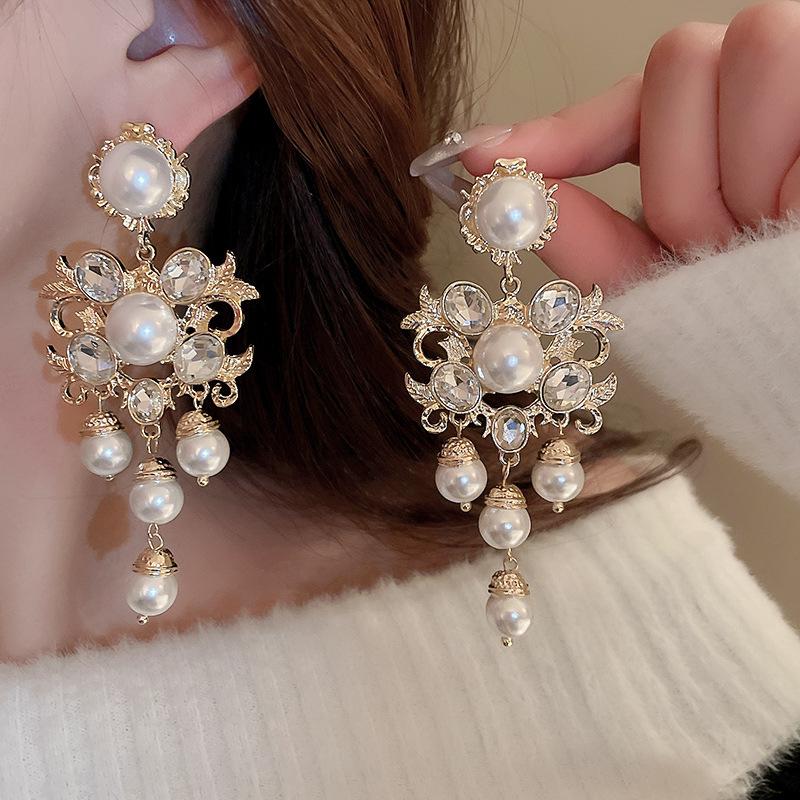 French Luxury Rhinestone & Pearl Tassel Earrings for Women