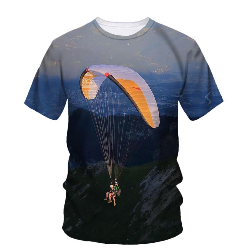 3D Parachute Paraglider Printed Casual Short Sleeved Children's Boy T-shirts  - Soft Medium Stretch Fabric Spring and Autumn Relaxed Fit Clothing