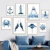 Темно-синий Маяк Якорь Акула Краб Осьминог Плакаты и принты Прибрежная стена Искусство Холст Картина Гостиная Украшение дома