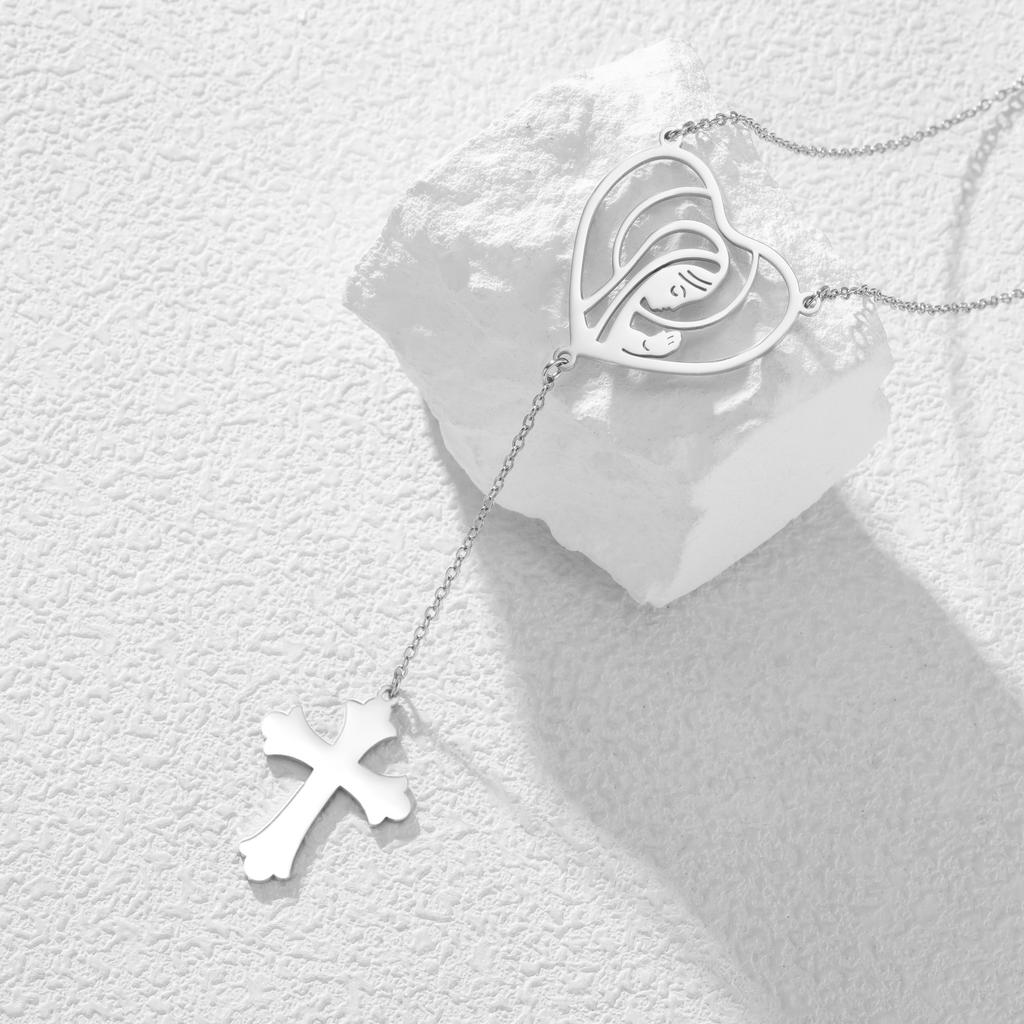 Heart Virgin Mary Cross Y Lariat Necklace Stainless Steel Religious Our Lady Pendant Necklace Christian Faith Jewelry Gift