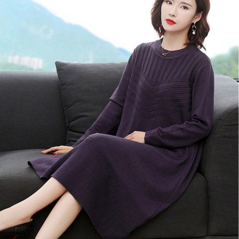 Large Size Knitted Dress In The Long Section Was Thin Temperament Base Dress Pure Color Simple Middle-aged Women Sweater Dress