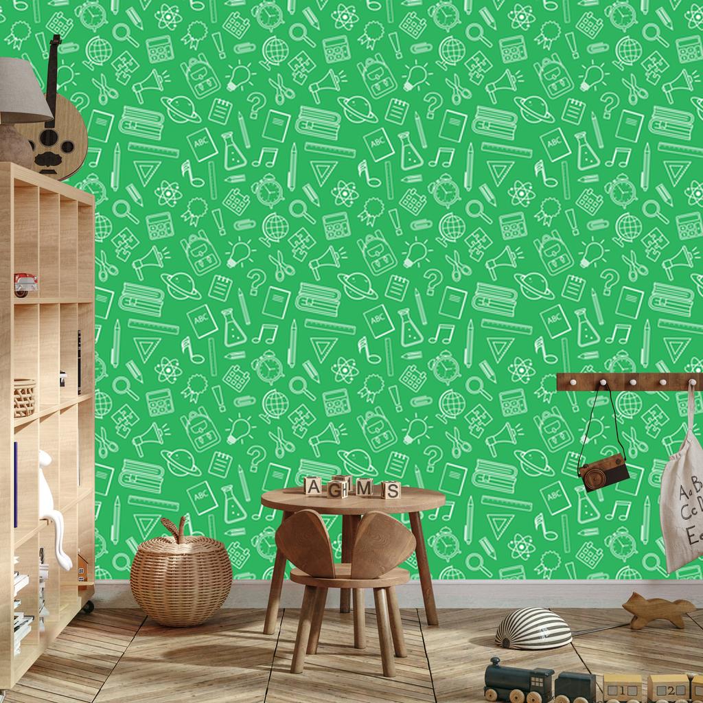 Wallpaper School Supplies Green and Mint for Living Room and Bedroom 50x1000