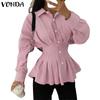 VONDA Женская повседневная блузка-рубашка с лацканами, длинным рукавом, рюшами, полосатой текстурой, узкой талией, мятая, неэластичная