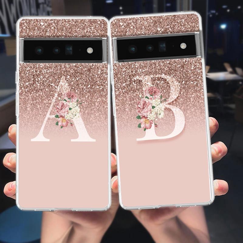 Чехол для телефона Google Pixel 9 8 7 Pro 8A 7A 6A 6 Pro XL 5 4 5A 4A 3A 5G, прозрачный, с розовой блестящей буквой M, из мягкого ТПУ