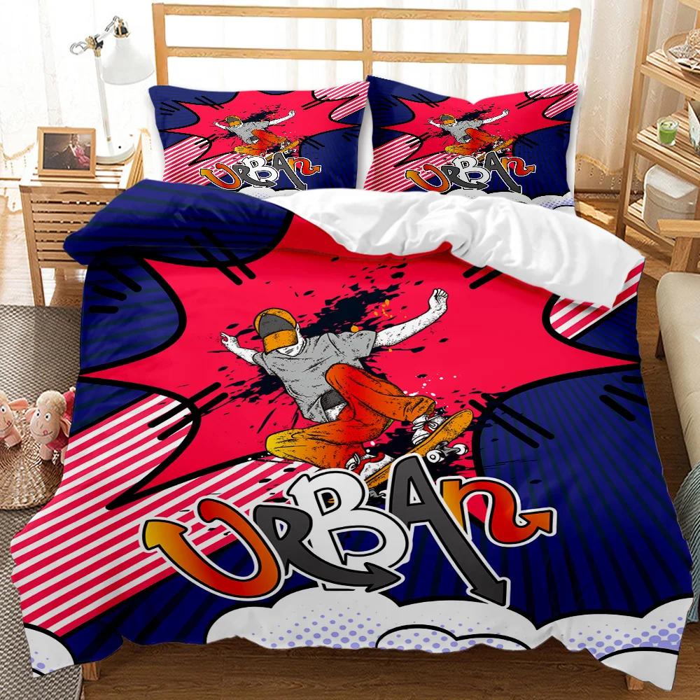 Skateboard Duvet Cover Set Skateboard Player Hip Hop Bedding Set Teens Street Hobby Sport Hippie King Size Polyester Quilt Cover