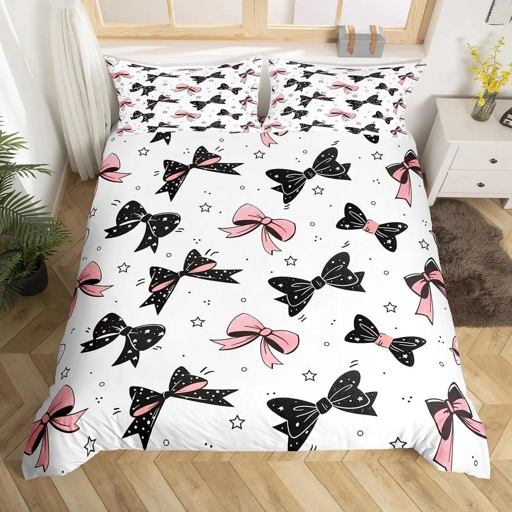 3D Bowknot Print Duvet Cover Set, Cute Bow Heart Pattern Bedding Set, Soft Microfiber Quilt Cover With Pillowcases