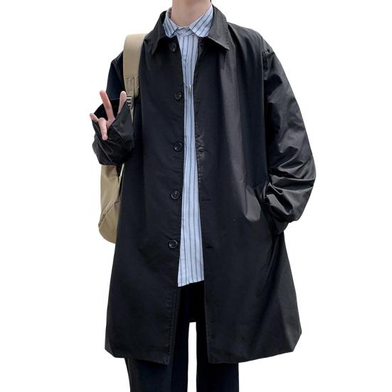 Мужская ветровка, пальто с лацканами, длинный рукав, двубортный тренчкот с карманами, однотонный, свободный крой, повседневная верхняя одежда средней длины