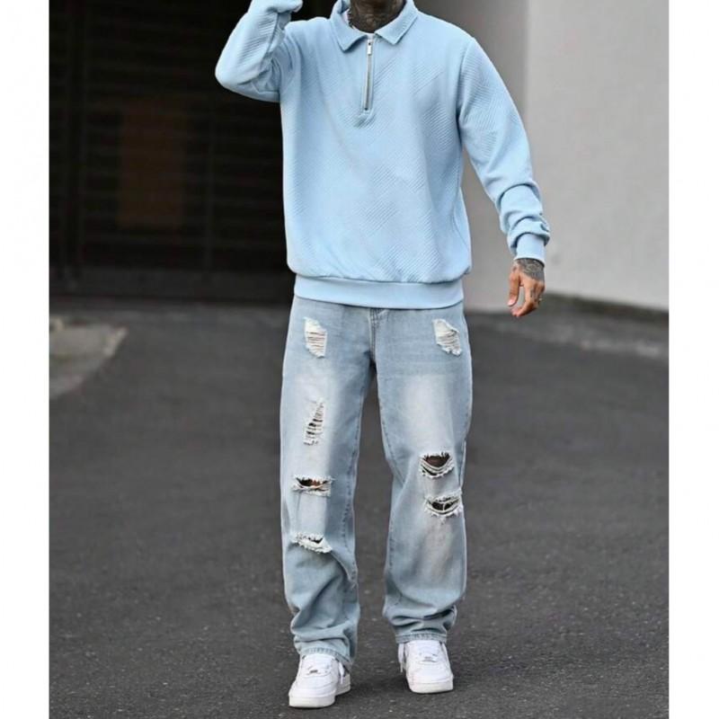 Mens 2026 Retro Washed Distressed Straight Fit Denim Jeans Loose Wide Leg Casual Trousers