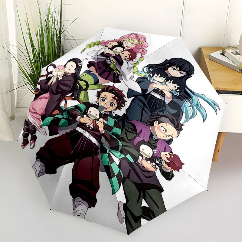 1pc Automatically Opening Umbrella with Tanjiro, Nezuko, Zenitsu, Kyojuro, Rengoku, Shinobu, Giyuu & Shinobu Characters, Portable 3-Fold Design, 8-Bon