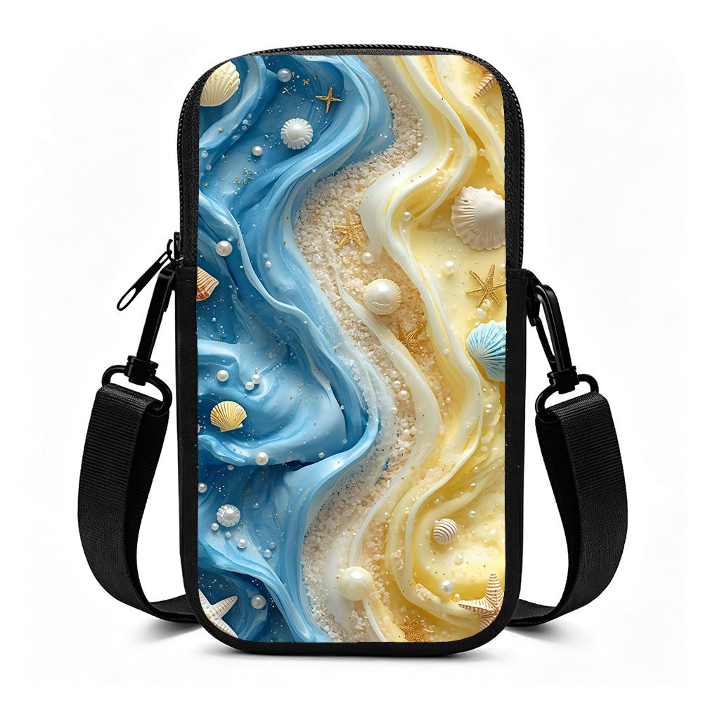 Coastal Ocean Wave Seashell Pearl Print Crossbody Phone Bag, Summer Beach Style Small Shoulder Purse, Lightweight Travel Wallet Holiday Gift for Women
