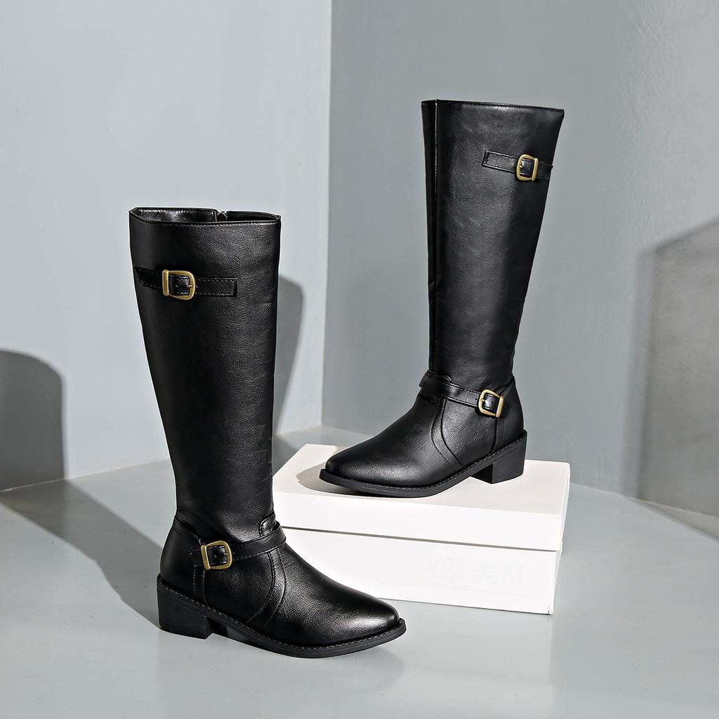Trendy Faux Leather Knee High Knight Boots For Women With Chic Buckle Accents